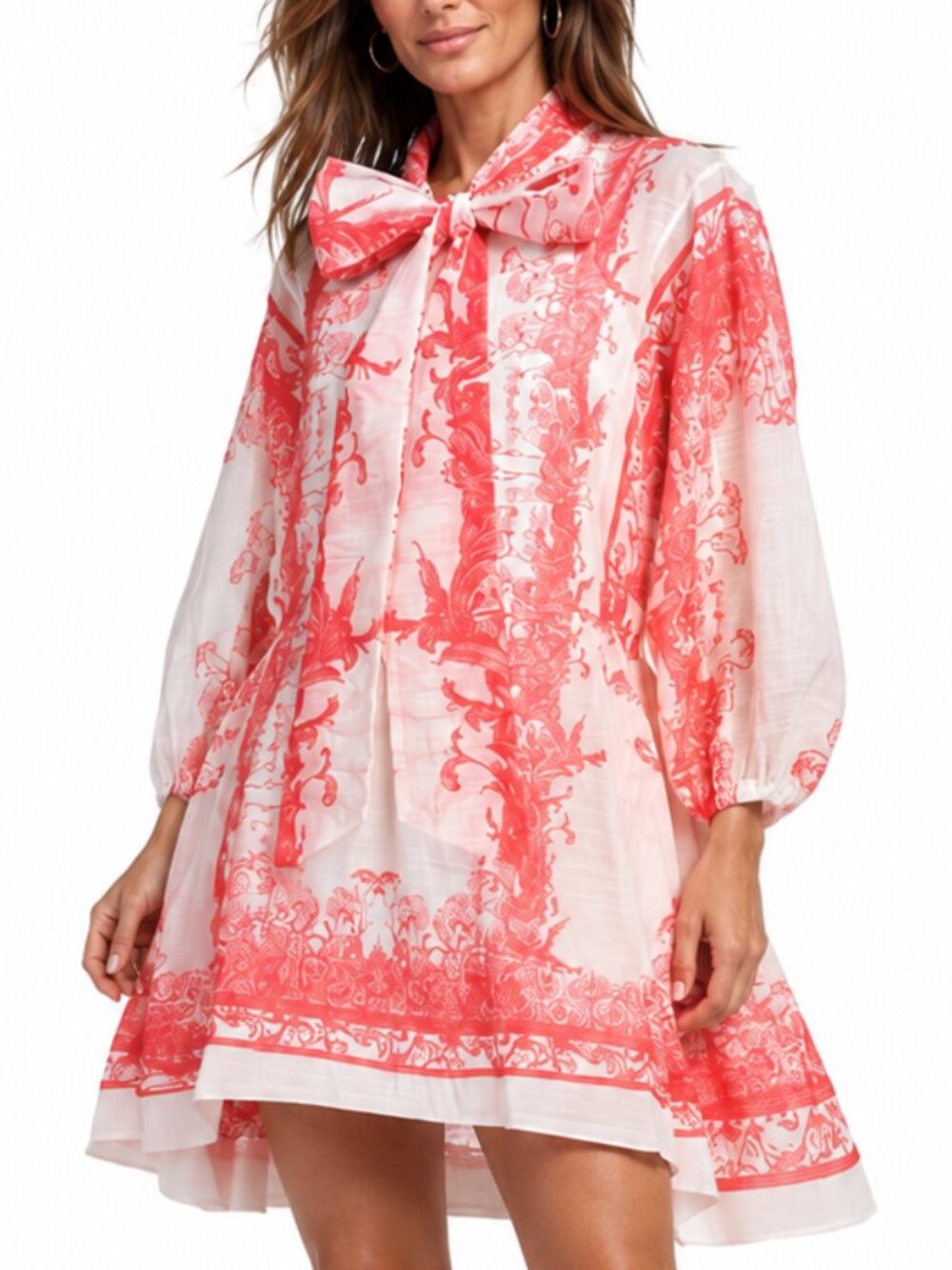 NANCY YANG Crinkle Hi-lo Coral & White Tie Neck Flowy Resort Style Mini Dress